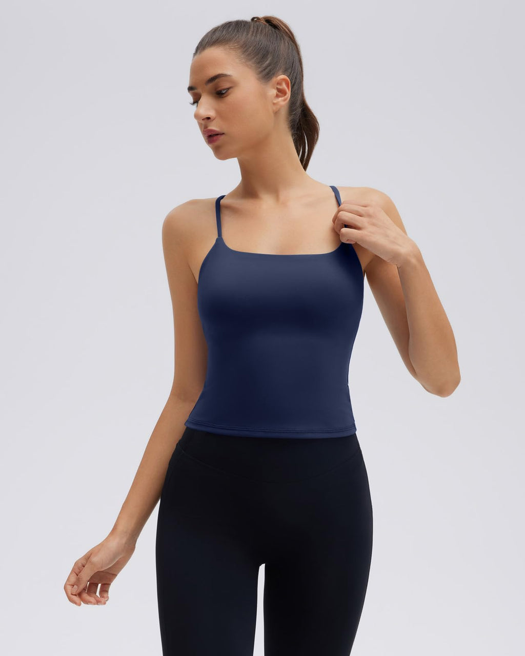 SUUKSESS Longline Padded Sports Bras Open Back Workout Spaghetti Strap Camisole Tops (Navy Blue, M)
