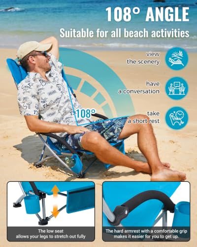 KingCamp Ergobreeze H Blue Wide Low Folding Beach Chair for Adults