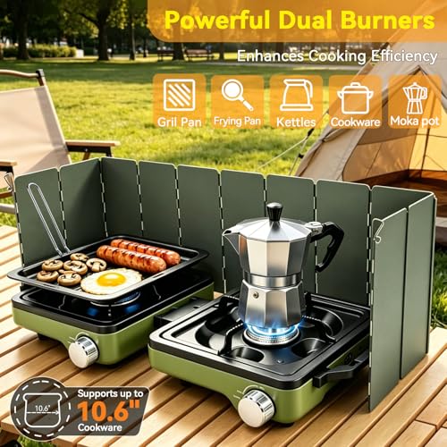 Green Double Burner Camping Stove with Windshield & Accessories - Portable 24000 BTU