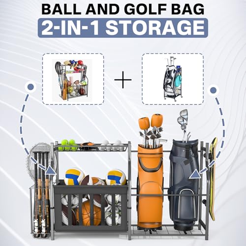 Garage Sports Equipment Organizer Stand for 2 Golf Bags and Balls