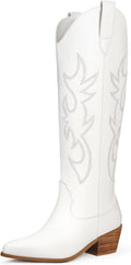 Ouepiano White Cowgirl Boots - Women's Knee High Cowboy Boots with Chunky Heel & Pointed Toe