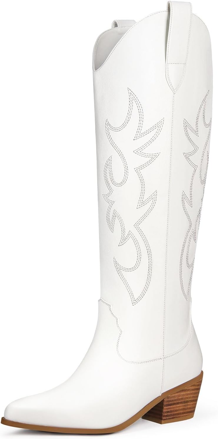 Ouepiano White Cowgirl Boots - Women's Knee High Cowboy Boots with Chunky Heel & Pointed Toe