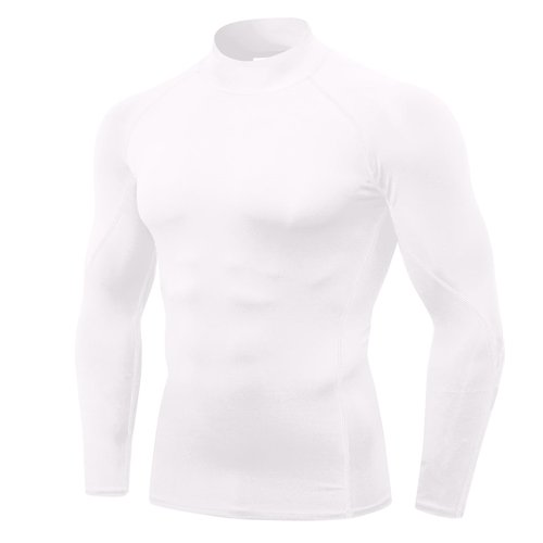 Mens White Turtleneck Compression Shirt Long Sleeve Athletic Running Tops Football Shirts Sport Baselayer Undershirt