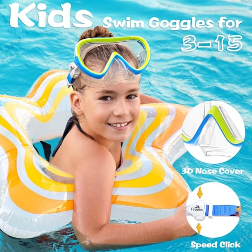 Kids Swimming Goggles for Ages 4-16 with Nose Cover, Anti-Fog No Leak - Blue & Blue Green