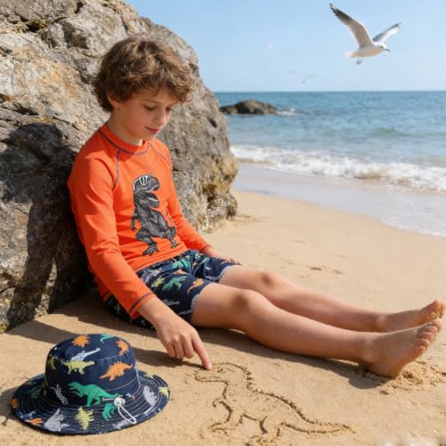 Toddler Boys' 3-Piece Rash Guard Swimsuit Set with Sun Hat - 3-4T, Orange Dinosaur