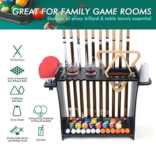 Wooden Pool Cue Rack Stand for 10 Cues & Billiard Accessories Storage