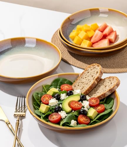 Ceramic Pasta Bowls Set of 4 - 9 Inch, 38oz Large Stoneware, Khaki