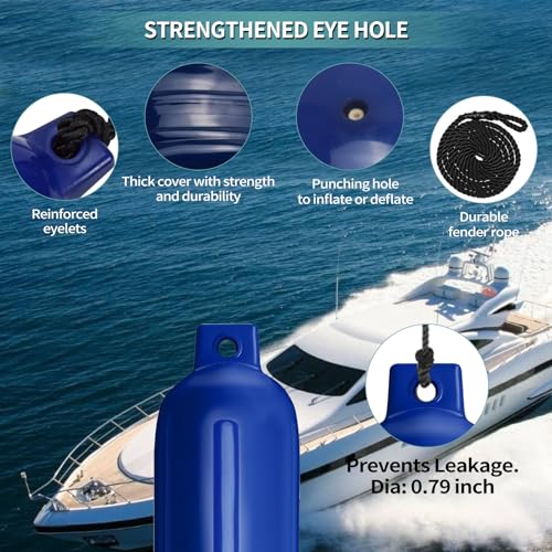 Blue 6.5 Inch Inflatable Ribbed Boat Fenders 4 Pack for Docking Yachts