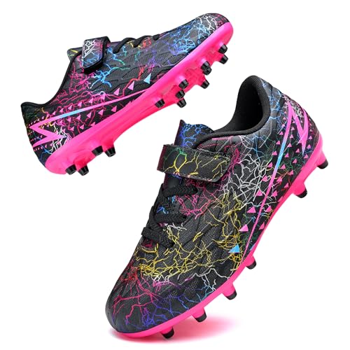 Hanani Boys Girls Soccer Cleats - Kids Football Shoes, 2 Big Kid / Black Red
