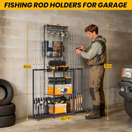 YQSLYSF Upgraded Fishing Rod Holder for Garage - Holds 24 Poles & Tackle Gear Organizer