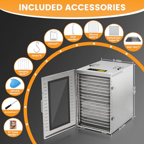 Cercker Commercial Food Dehydrator 16 Trays Large Capacity Non-Rotary 1500W