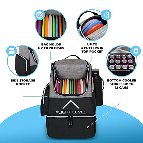 Gray Flight Level Disc Golf Backpack with Insulated Cooler - Large Capacity Up to 20 Discs