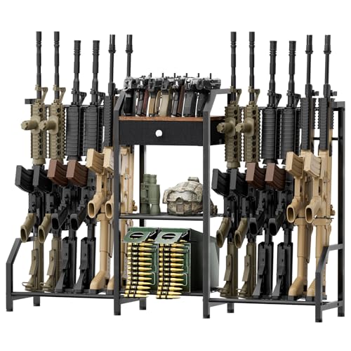 EnigmaSoul 12-Gun Double-Sided Tactical Indoor Gun Rack with Storage Drawer, Heavy Duty Metal Floor Stand for Rifles & Handguns