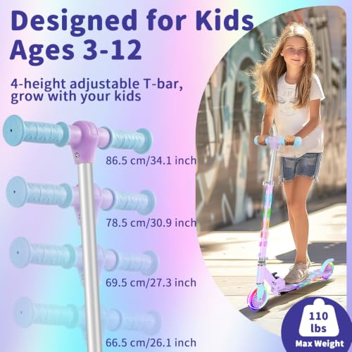 Purple Kids Light-Up 2-Wheel Folding Scooter with Adjustable Height, Lightweight & Portable