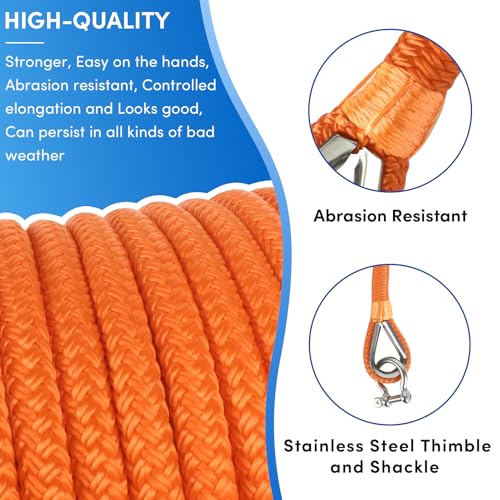 Boat Anchor Rope 100 ft x 1/2 inch Orange Double Braided Marine Line with Stainless Steel Thimble & Shackle - for Towing & Mooring