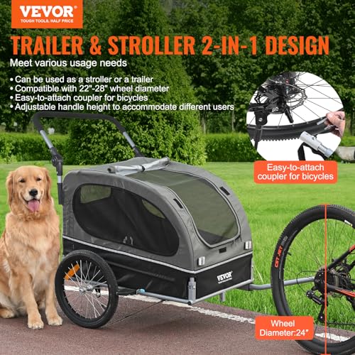 VEVOR 88lbs Dog Bike Trailer & Pet Stroller 22-Inch Wheel, 2-in-1 Bicycle Carrier