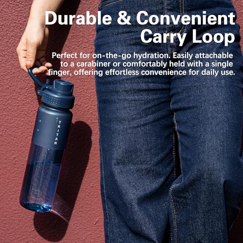 OLDLEY 32oz Navy Blue Matte Water Bottle with Handle, Leakproof Tritan Sport Bottle