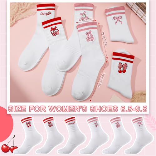 Cute Cherry Crew Socks for Women and Girls - 6 Pairs White Socks
