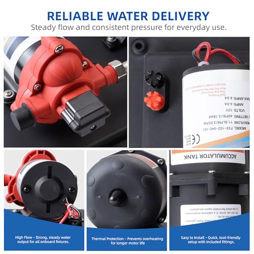 RV Water Pump with Accumulator Tank System - 12V DC, 3.0 GPM, 45 PSI, 0.75L Tank