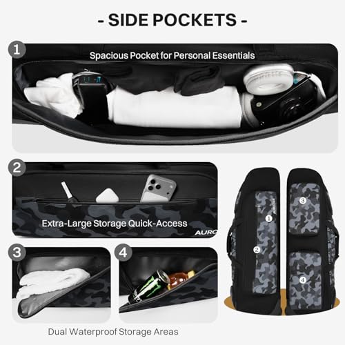 AUROTIER Black Camo Large Rolling Baseball Catcher Gear Bag with Wheels, Waterproof Shoe Compartment & 4 Bat Sleeve