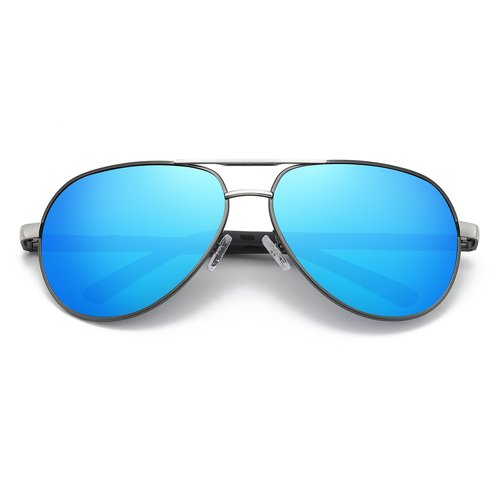 JOLLYNOVA Aviator Sunglasses Men Retro Polarized UV400 Spring Hinges TR90 Lightweight Premium Glasses (Blue Lens Gun Frame)