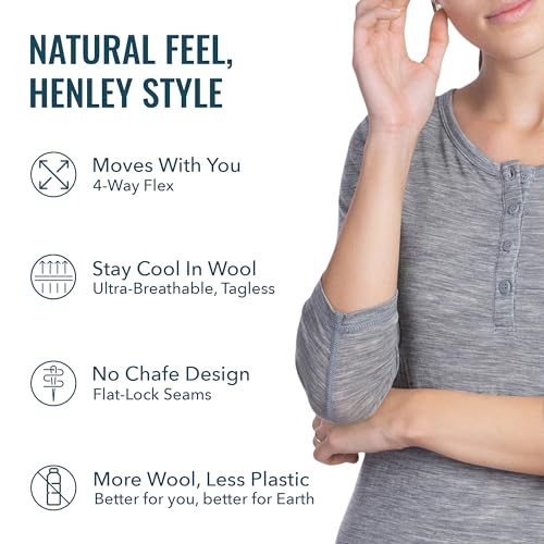 Women's Merino Wool Henley Shirt - 3/4 Sleeve, Large, Fir