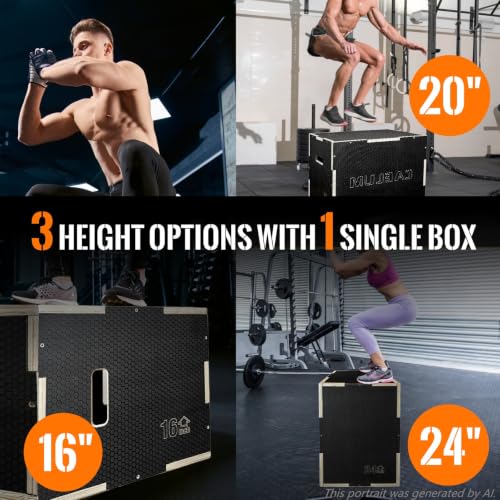 CAELUM 3-in-1 Black Wooden Plyometric Jump Box - 24 x 20 x 16 inches, Non-Slip Gym Equipment
