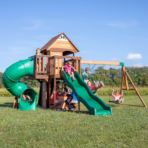 Cedar Cove Wooden Swing Set with Slides, Climbing Wall & Playhouse