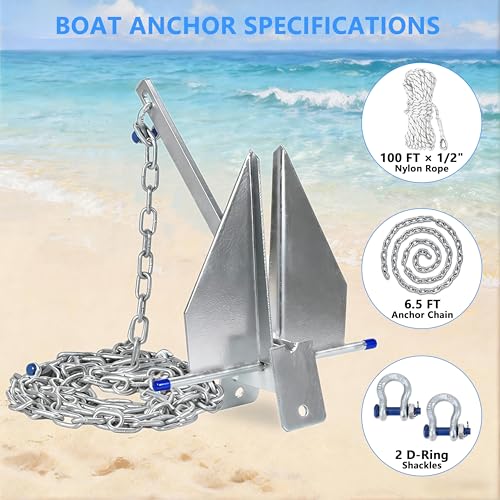 10 lb Boat Anchor Kit for 16-26 ft Vessels with Chain Rope & Shackles - SajoSolid