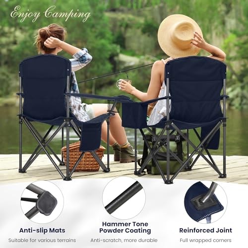 Twin Pack Oversized Folding Camping Chairs Support 450 LBS Blue - Portable Outdoor Seating
