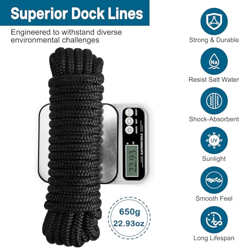 2 Pack 1/2" x 20' Nylon Dock Lines - Marine-Grade Boat Ropes, Black
