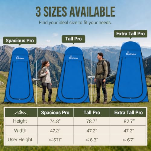 WolfWise PRO Pop Up Shower Tent with Silver Coating, Floor & Rain Fly - Blue, Tall 6'7"