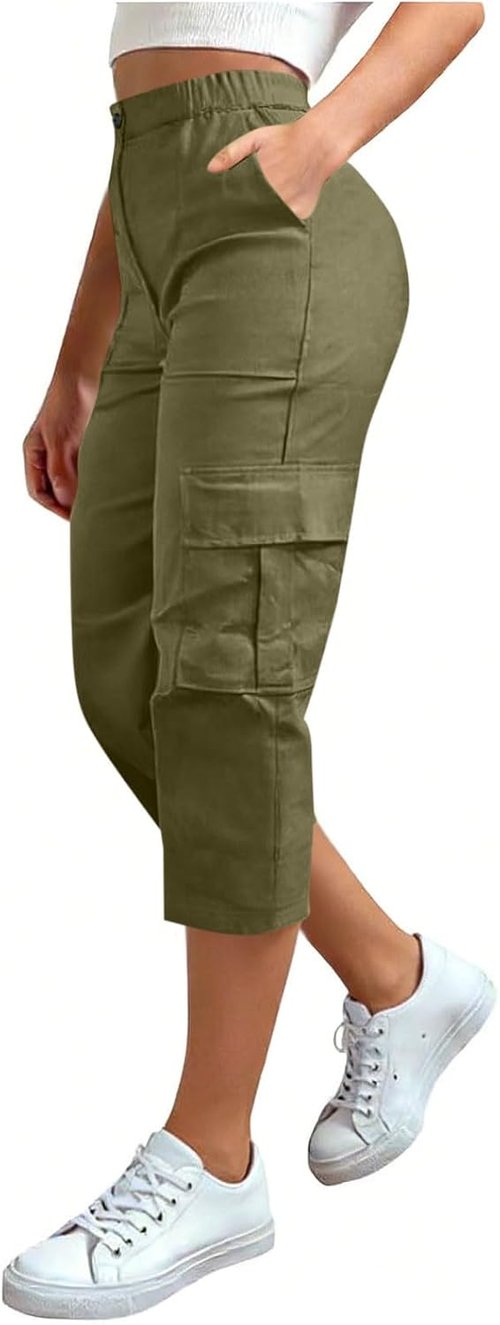 LRMQS Cargo Capris for Women - High Waisted Plus Size Summer Pants with Pockets | Casual Loose Fit