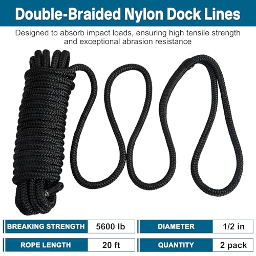 2 Pack 1/2" x 20' Nylon Dock Lines - Marine-Grade Boat Ropes, Black