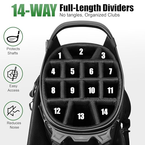 Beutyal 14-Way Golf Stand Bag with Full Length Dividers & Cooler - Black