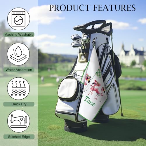 White Birdie Time Flamingo Golf Towel with Clip - Women Golf Accessories