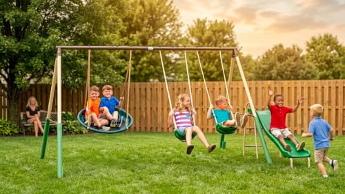 XDP Recreation Kids Swing Set with SuperDisc Swing & Safety Padded Frame, 148x93 Inches Backyard Playground for Ages 3-8