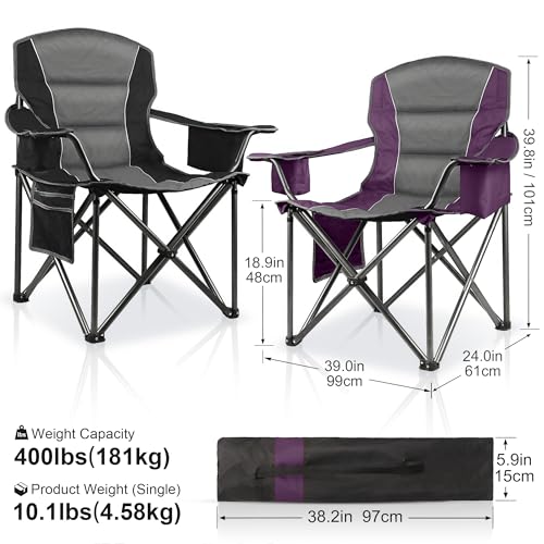 Purple & Black 2 Pack Padded Camping Chairs with Cooler Bag & Cup Holder - Heavy Duty Support 400 lbs