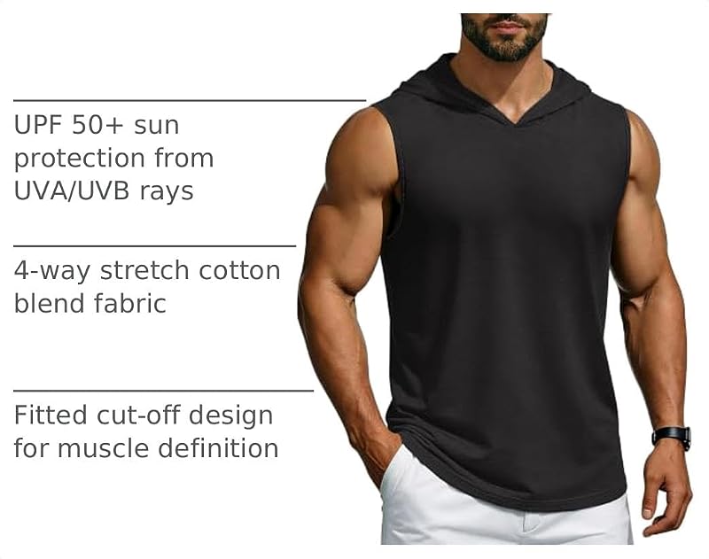 Cotrasen Black Medium Sleeveless Hoodies for Men – Light Weight UPF 50+ Sun Protection Tank Top