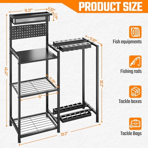 Freexployer Black Fishing Rod Holders for Garage with 3-Tier Shelves & Storage