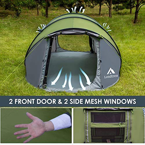 Londtren 4-Person Green & Grey Waterproof Pop-Up Family Tent with 2 Doors, Instant Setup for Camping Hiking