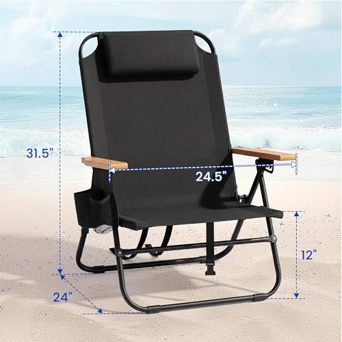 Canpsky 2-Pack Portable Beach Chairs for Adults, Lightweight Folding Camping Chairs with Wooden Armrests, 5-Position Recline, Cup Holders, Black