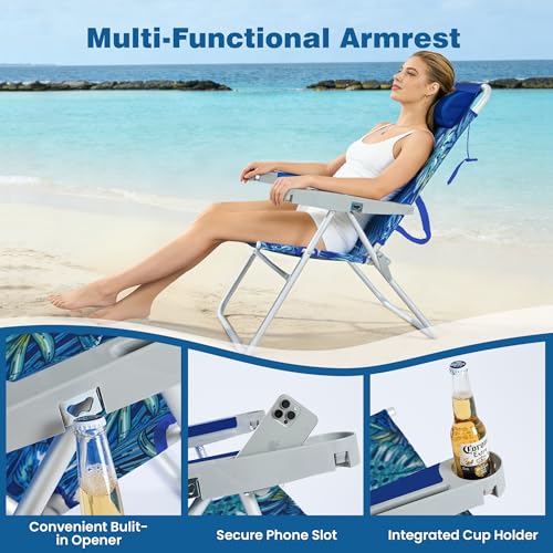 Sunnyfeel Tall Folding Beach Chair for Adults - Green, High Back & Adjustable Recline