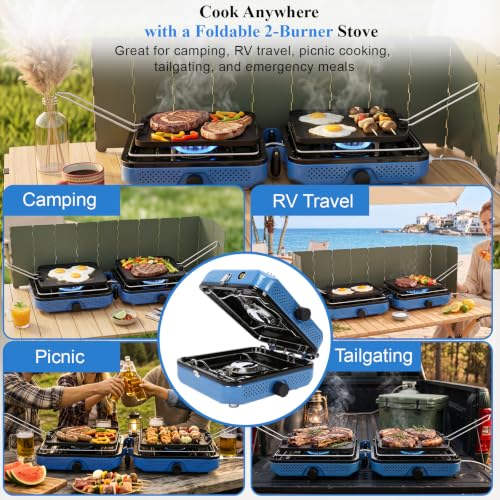Uniflasy Blue 2-Burner Camping Stove Set with Carry Bag & Wind Guards - Portable Outdoor Cooker 22.9x9.1x2.4 inches
