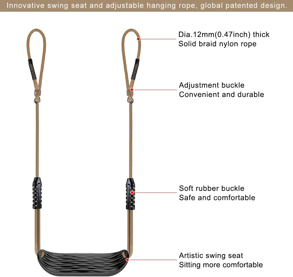 SELEWARE Plastic Swing Seat - Non-Slip Tree Swing with Adjustable Rope & Carabiners - Heavy Duty Black