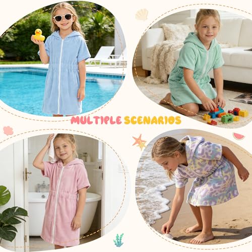 Girls Hooded Swim Cover Up with Zipper - Quick Dry Terry Cloth Wrap for Pool & Beach, Ages 4-14