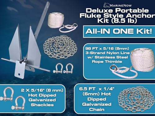 MarineNow 8.5 lb Galvanized Fluke Anchor Kit with 98 ft Marine Rope & Chain
