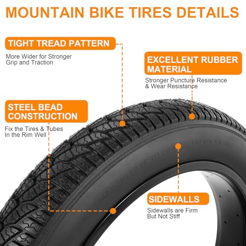 RUHUO 2-Pack 20x4.0 Fat Bike Tires & Inner Tubes Set - Black, Versatile for Mountain & Electric Bikes, Foldable
