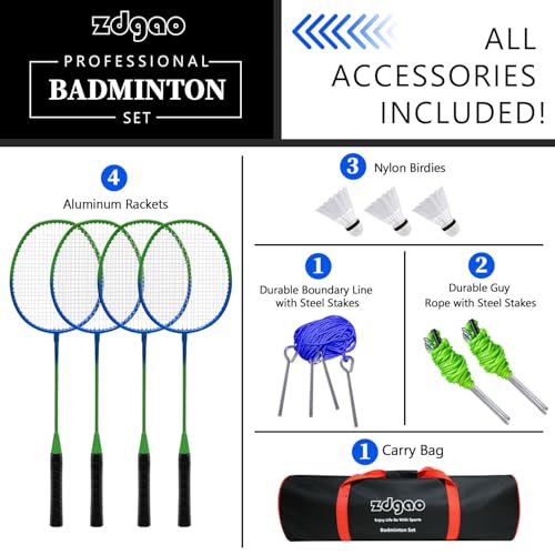 Zdgao Outdoor Badminton Set with 20FT Net and 4 Rackets - Blue & Green