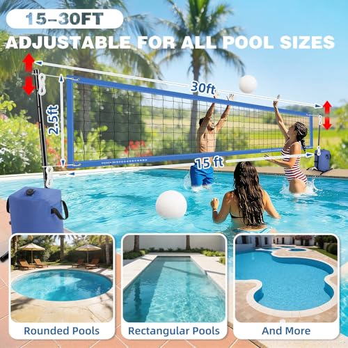 Olybeaka Blue Pool Volleyball Net Set, 30ft Adjustable & Heavy-Duty for Inground Pools